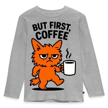 But first coffee cat - Kids' Premium Longsleeve Shirt - heather grey - Front - AI Model Kid Female (0cm)