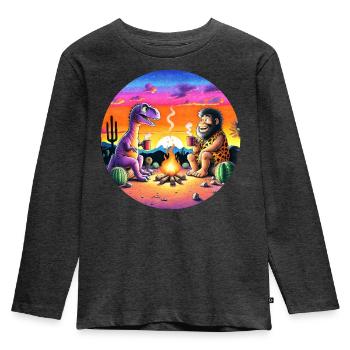 Prehistoric Campfire Encounter Illustration - Kids' Premium Longsleeve Shirt - heather anthracite - Front - AI Model Kid Male (0cm)