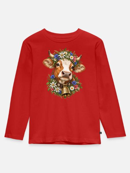 Kuh mit Blumenkrone – Alpenliebe & Tracht - Kinder Premium Bio Langarmshirt - Rot