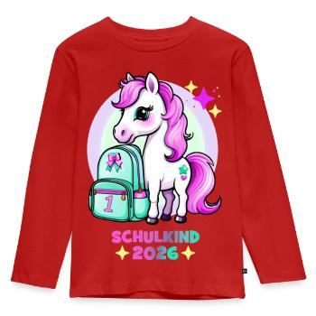 Pony mit Schulranzen Schulkind 2026 Pink Türkis - Kinder Premium Bio Langarmshirt - Rot - Vorne - AI Model Kid Female (0cm)