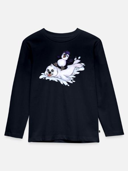 Niedlicher Chibi Pinguin auf Robbe Schlitten - Kinder Premium Bio Langarmshirt - Navy