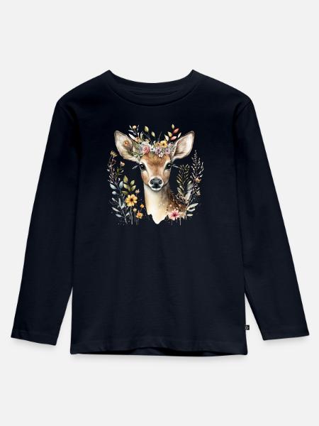 Reh mit Blumen - Kinder Premium Bio Langarmshirt - Navy