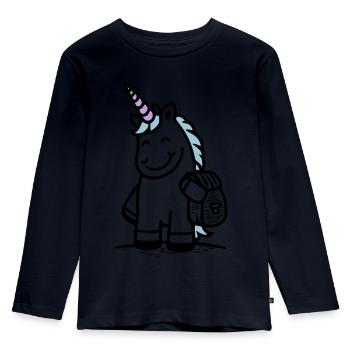 Licorne magique pour l’inscription à l’école avec cartable - T-shirt manches longues Premium Enfant - bleu marine - Devant - AI Model Kid Female (0cm)