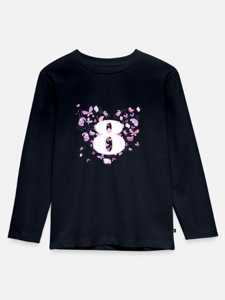Schmetterling 8 Jahre 8 Geburtstag Mädchen - Kinder Premium Bio Langarmshirt - Navy