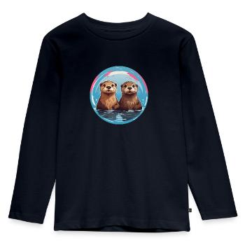 Deux loutres debout dans l’eau - T-shirt manches longues Premium Enfant - bleu marine - Devant - AI Model Kid Female (0cm)