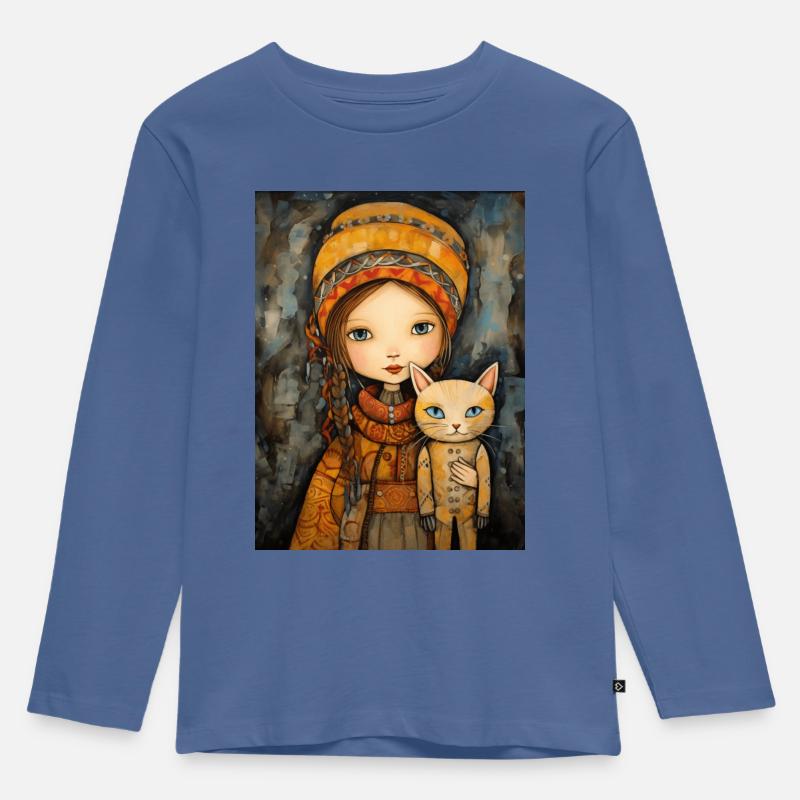 Mädchen mit niedlichen Kätzchen - Kinder Premium Bio Langarmshirt - Taubenblau