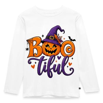 Halloween Party Bootiful  Kürbis mit Hexenhut - Kinder Premium Bio Langarmshirt - Weiß - Vorne - AI Model Kid Female (0cm)