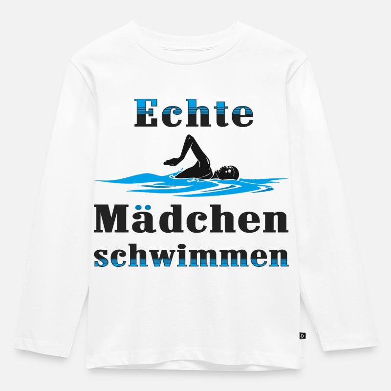 Echte Mädchen schwimmen - Kinder Premium Bio Langarmshirt - Weiß