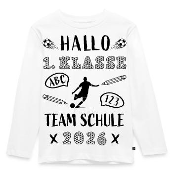Hallo 1. Klasse - Fußball - Einschulung 2026 - Kinder Premium Bio Langarmshirt - Weiß - Vorne - AI Model Kid Female (0cm)