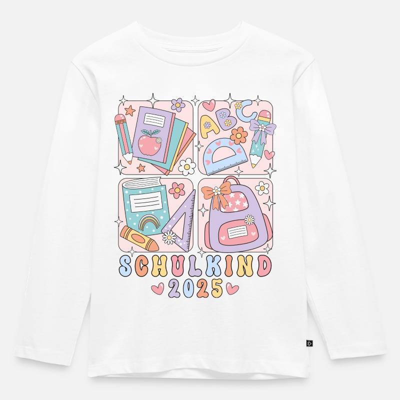 Schulkind 2025 Einschulung Schulsachen Mädchen - Kinder Premium Bio Langarmshirt - Weiß
