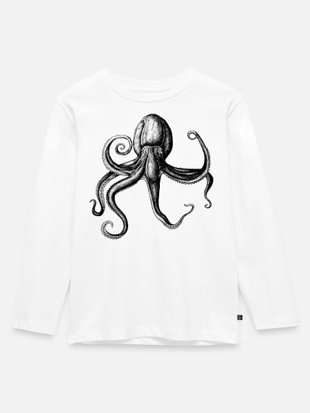 Monochrome Tintenkrake Illustration - Kinder Premium Bio Langarmshirt - Weiß