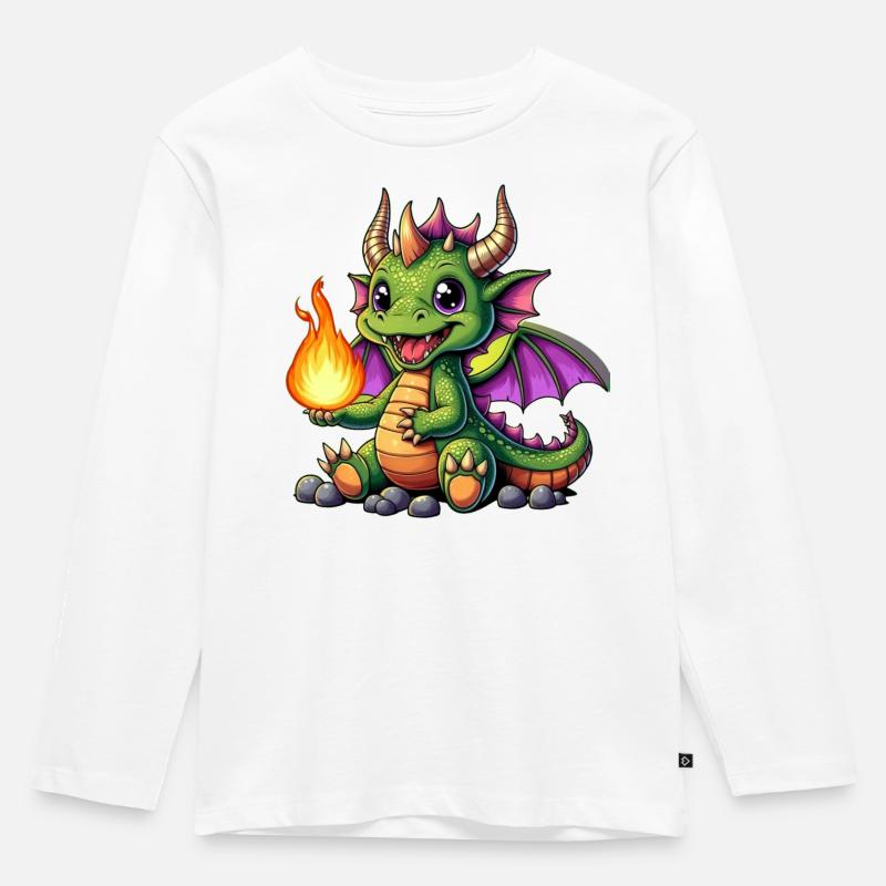 Farbiger Drachen mit Feuerball - Kinder Premium Bio Langarmshirt - Weiß