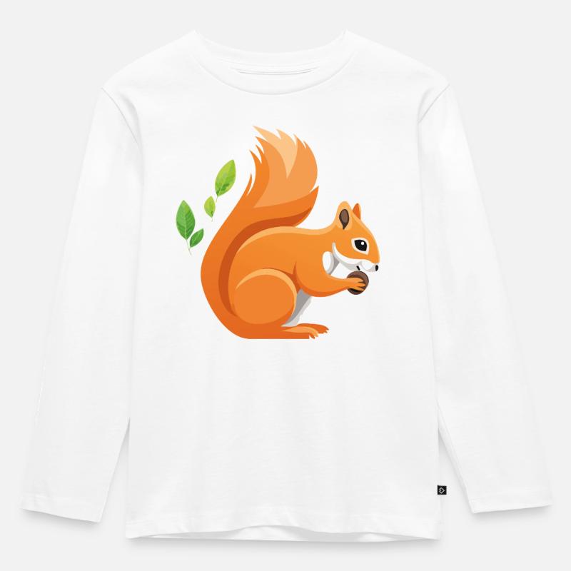 Verspielter Eichhörnchen-Print mit Blättern - Kinder Premium Bio Langarmshirt - Weiß