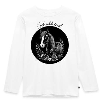 Pony mit Blumen - schwarz weiß – Schulkind - Kinder Premium Bio Langarmshirt - Weiß - Vorne - AI Model Kid Female (0cm)