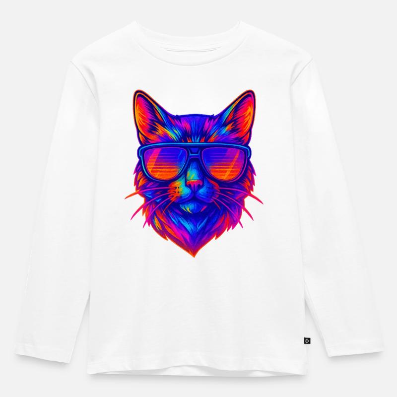 Lebendige Neonkatze mit Sonnenbrille - Kinder Premium Bio Langarmshirt - Weiß