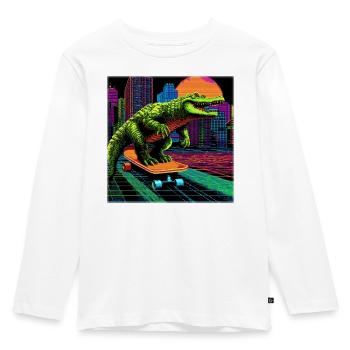 Pixel Art Crocodile – Retro Skater Synthwave - Kids' Premium Longsleeve Shirt - white - Front - AI Model Kid Female (0cm)