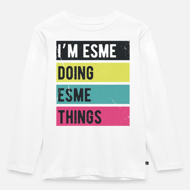 Ich bin Esme und mache Esme-Dinge Retro-Farben - Kinder Premium Bio Langarmshirt - Weiß