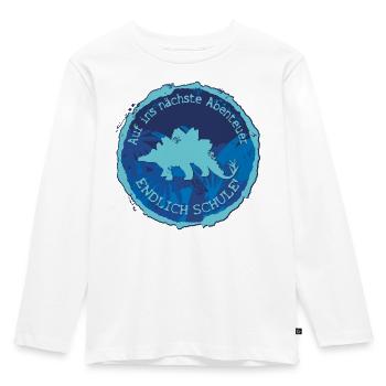 Emblème d’aventure du dino Stegosaurus – L’école enfin - T-shirt manches longues Premium Enfant - blanc - Devant - AI Model Kid Female (0cm)