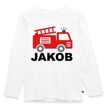 Vorname Jakob mit Feuerwehrauto Kinder Motiv - Kinder Premium Bio Langarmshirt - Weiß - Vorne - AI Model Kid Female (0cm)