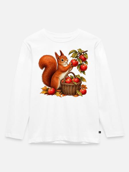 Eichhörnchen bei der Apfelernte - Kinder Premium Bio Langarmshirt - Weiß