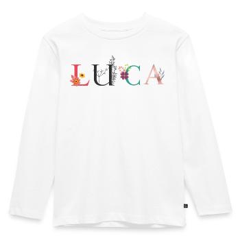 LUCA Namenskunst mit gestickten Blumen - Kinder Premium Bio Langarmshirt - Weiß - Vorne - AI Model Kid Female (0cm)