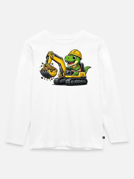 Süßer Dino Baggerfahrer - Kinder Premium Bio Langarmshirt - Weiß