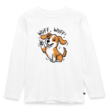 Fröhlicher Wuff, Wuff - Kinder Premium Bio Langarmshirt - Weiß - Vorne - AI Model Kid Female (0cm)