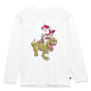 Einhorn reitet T-Rex - Kinder Premium Bio Langarmshirt - Weiß - Vorne - AI Model Kid Female (0cm)