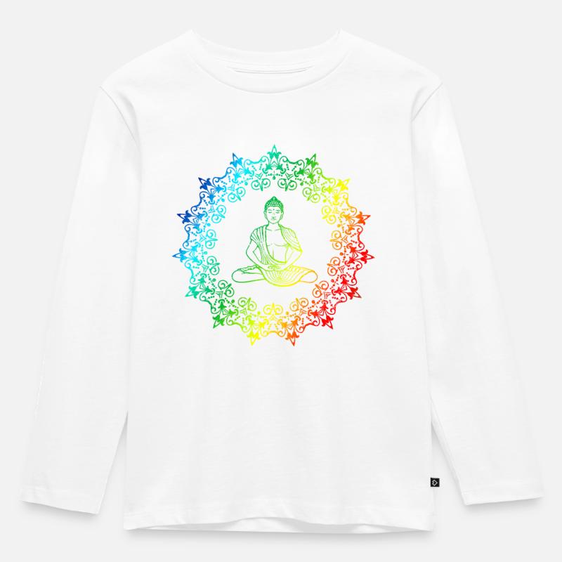 Regenbogen Buddha - Mandala Yoga Meditation - Kinder Premium Bio Langarmshirt - Weiß