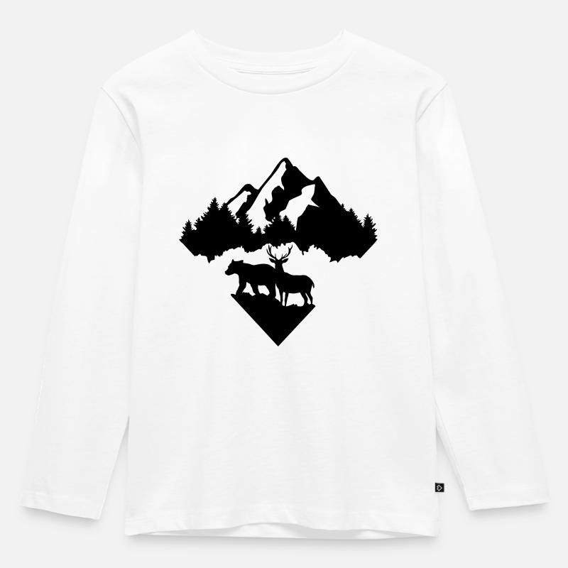 Bär, Hirsch, Wald und Berge - Kinder Premium Bio Langarmshirt - Weiß