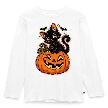 Schwarze Katze auf Kürbis - Kinder Premium Bio Langarmshirt - Weiß - Vorne - AI Model Kid Female (0cm)