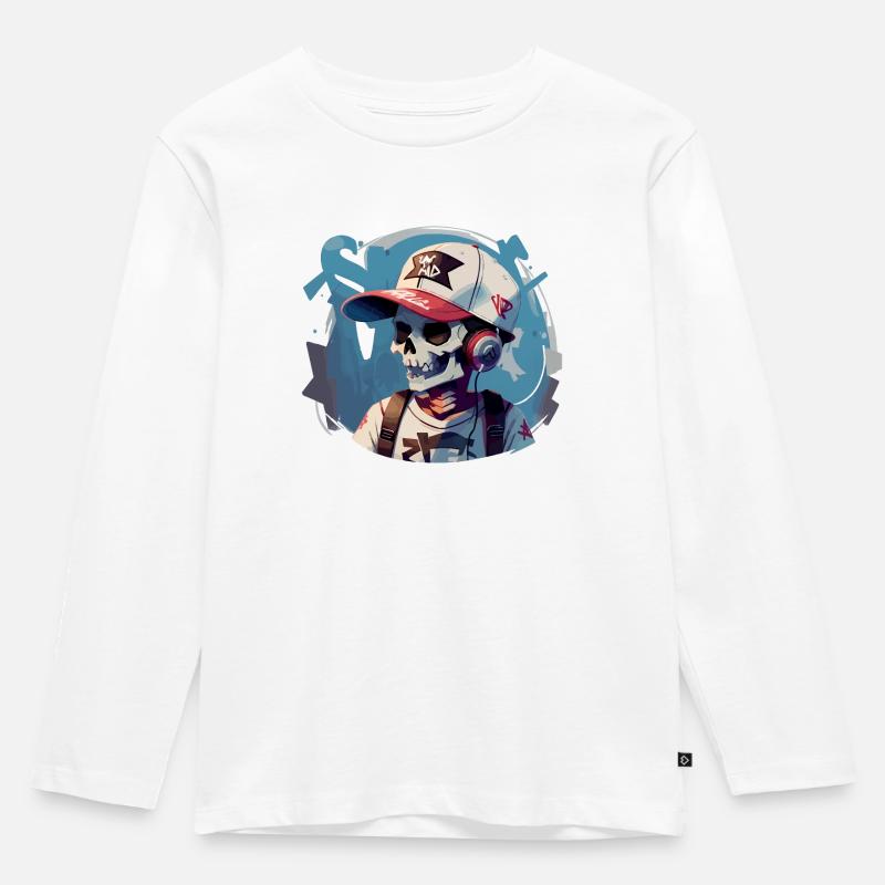 Graffiti Totenkopf mit Kopfhörern - Kinder Premium Bio Langarmshirt - Weiß