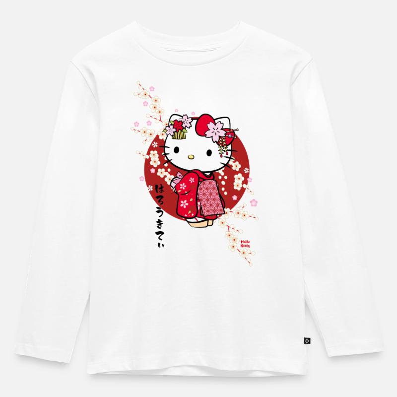 Hello Kitty Im Roten Kimono Und Kirschblüten - Kinder Premium Bio Langarmshirt - Weiß