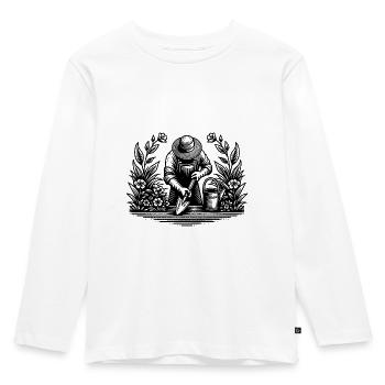 Hobbygärtner beim gärtnern im Blumenbeet - Kinder Premium Bio Langarmshirt - Weiß - Vorne - AI Model Kid Female (0cm)