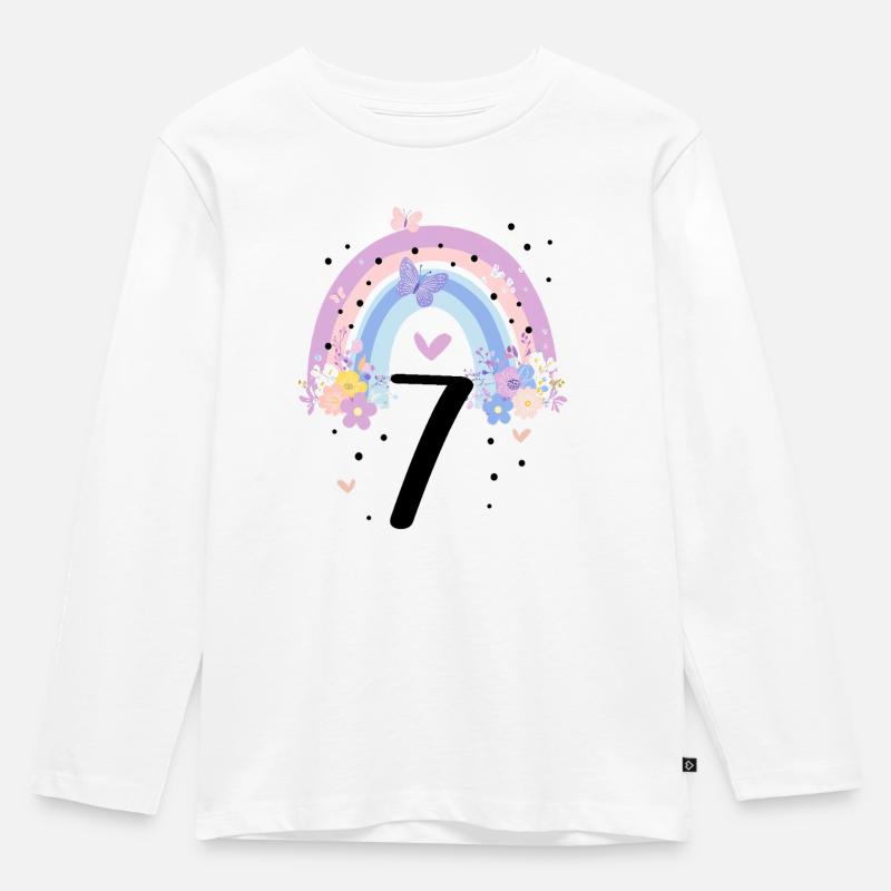 Geburtstag 7 Jahre Mädchen Regenbogen Sieben - Kinder Premium Bio Langarmshirt - Weiß