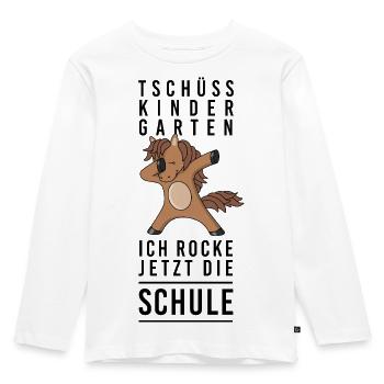 Tschüss Kindergarten, ich rocke Schule – Pferd Dab - Kinder Premium Bio Langarmshirt - Weiß - Vorne - AI Model Kid Female (0cm)