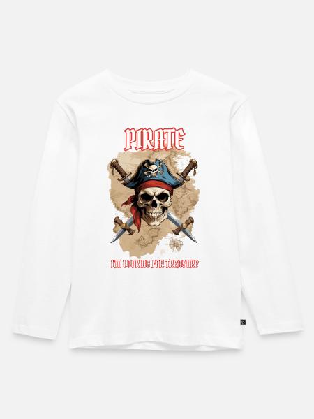 Pirat, ich bin auf der Suche nach einem Schatz. - Kinder Premium Bio Langarmshirt - Weiß