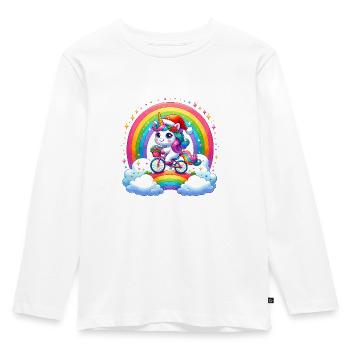 Licorne mignonne faisant du vélo sur l’arc-en-ciel - T-shirt manches longues Premium Enfant - blanc - Devant - AI Model Kid Female (0cm)