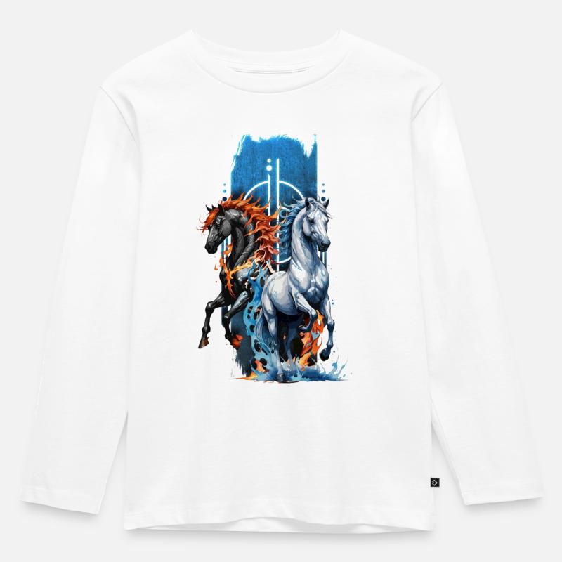 Ätherische Harmonie: Majestätisches Wasser- und Feuerpferd - Kinder Premium Bio Langarmshirt - Weiß
