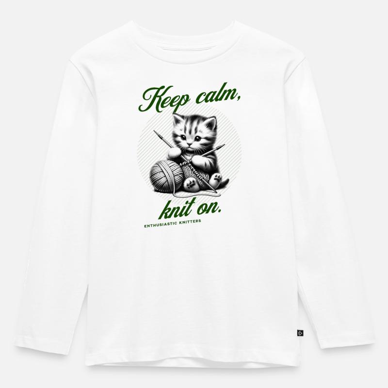 Keep calm, knit on. - Süße strickende Katze Retro - Kinder Premium Bio Langarmshirt - Weiß