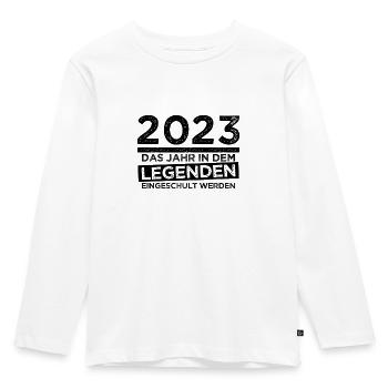 Einschulung Spruch - Schulanfang 2023 1. Klasse - Kinder Premium Bio Langarmshirt - Weiß - Vorne - AI Model Kid Female (0cm)