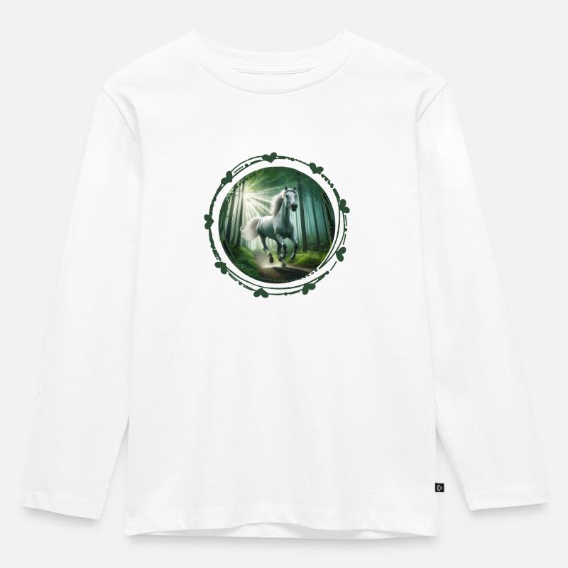 Pferde reiten Mädchen und Frauen durch den Wald - Kinder Premium Bio Langarmshirt - Weiß