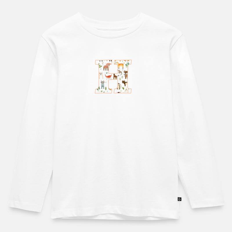 Buchstabe H, Monogramm, Tiermuster - Kinder Premium Bio Langarmshirt - Weiß