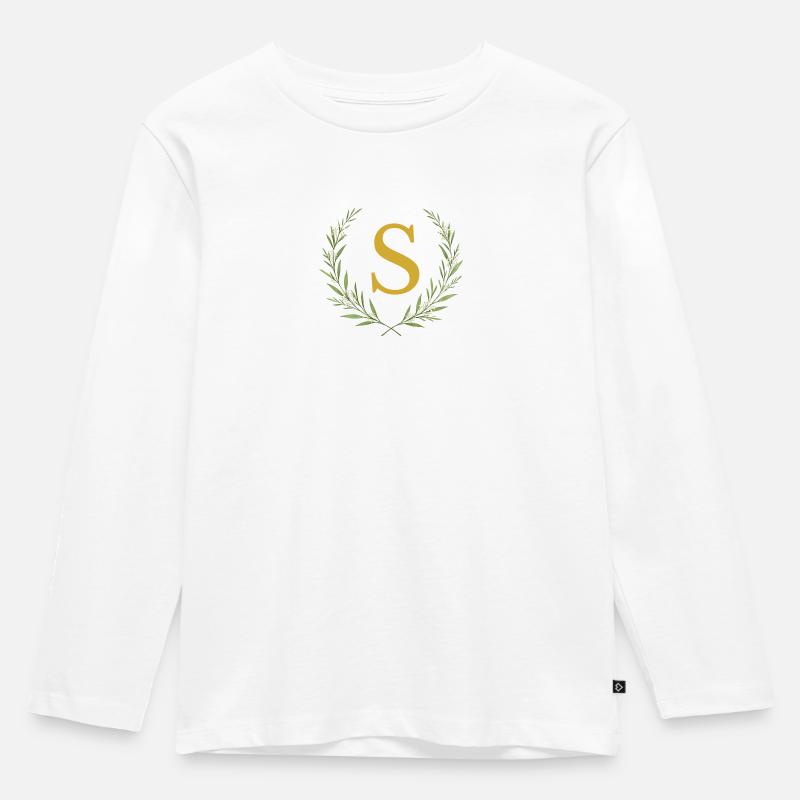 S Monogramm, Eukalyptus Kranz, personalisierbar - Kinder Premium Bio Langarmshirt - Weiß