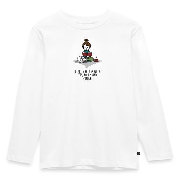 Life is better with cats, books and coffee - Katze - Kinder Premium Bio Langarmshirt - Weiß - Vorne - AI Model Kid Female (0cm)