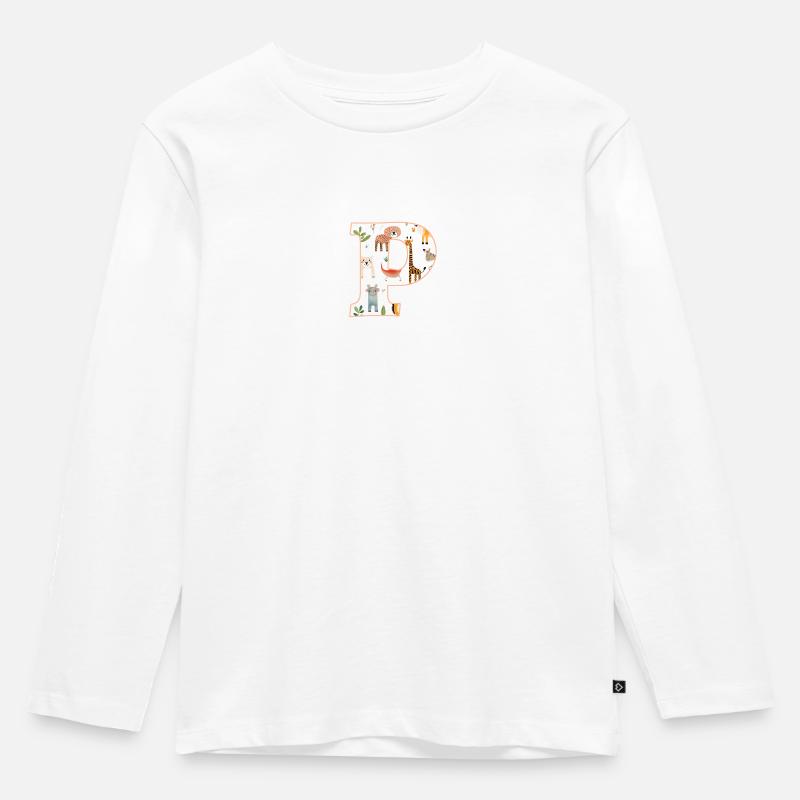 Buchstabe P, Monogramm, Tiermuster - Kinder Premium Bio Langarmshirt - Weiß