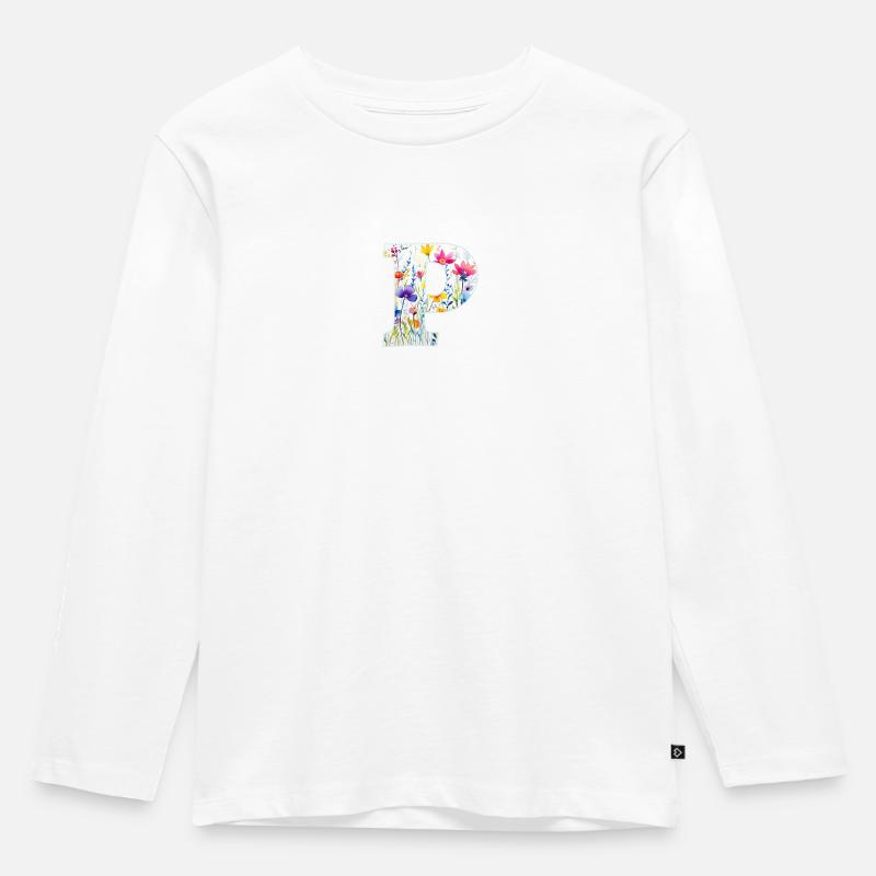 Buchstabe P, Monogramm, Blumenmuster - Kinder Premium Bio Langarmshirt - Weiß