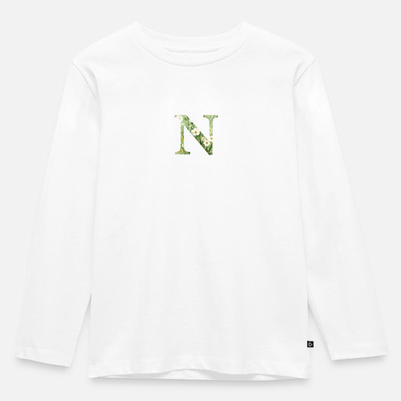 Buchstabe N, Monogramm, Blumenmuster - Kinder Premium Bio Langarmshirt - Weiß