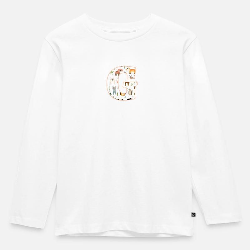 Buchstabe G, Monogramm, Tiermuster - Kinder Premium Bio Langarmshirt - Weiß
