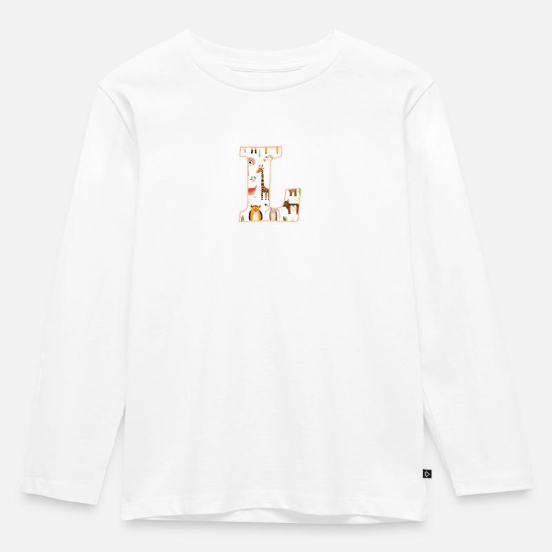 Buchstabe L, Monogramm, Tiermuster - Kinder Premium Bio Langarmshirt - Weiß